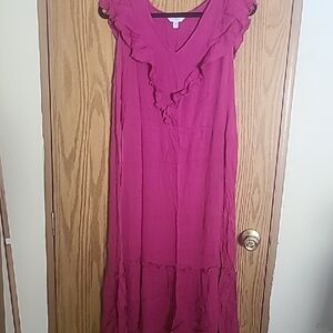 Time and Tru Fuchsia Ruffle V-Neck Maxi Dress